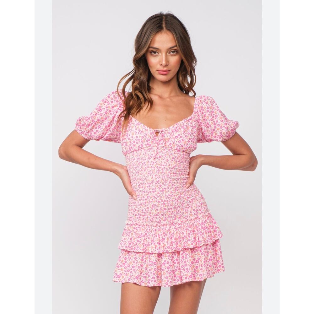 Sky to Moon Pink Orange Ditsy Floral Milkmaid Puff Sleeve Bodycon Mini Dress